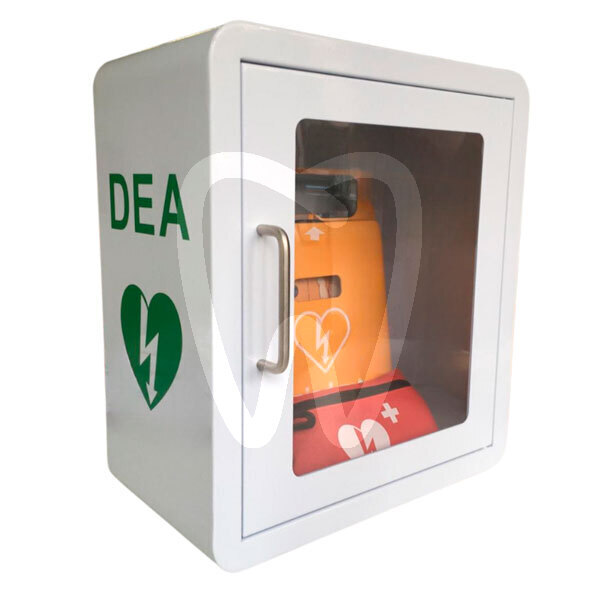 Cabina metal blanca con alarma aparatos emergencias y rcp oratek