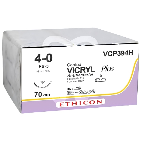 Sutura vicryl plus 4-0 3/8 16mm 70cm agujas y biomateriales ethicon